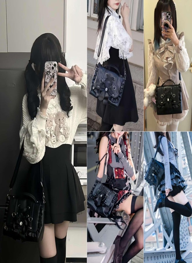 Winatehr small black cute bow purse, mini cutecore backpack for women, vegan leather satchel bag y2k purse, small crossbody japanese shoulder bag with ruffle, Jirai Kei coquette Shoujo girl lolita fashion - Image 2
